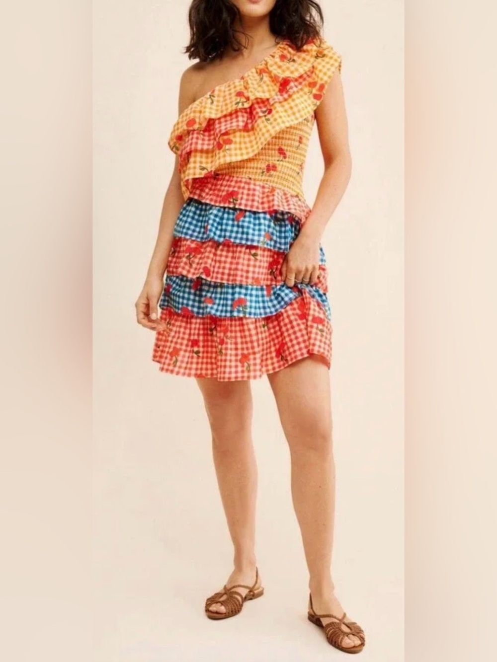Farm Rio for Anthropologie Gingham Cherry Printed One Shoulder Dress - Size L
